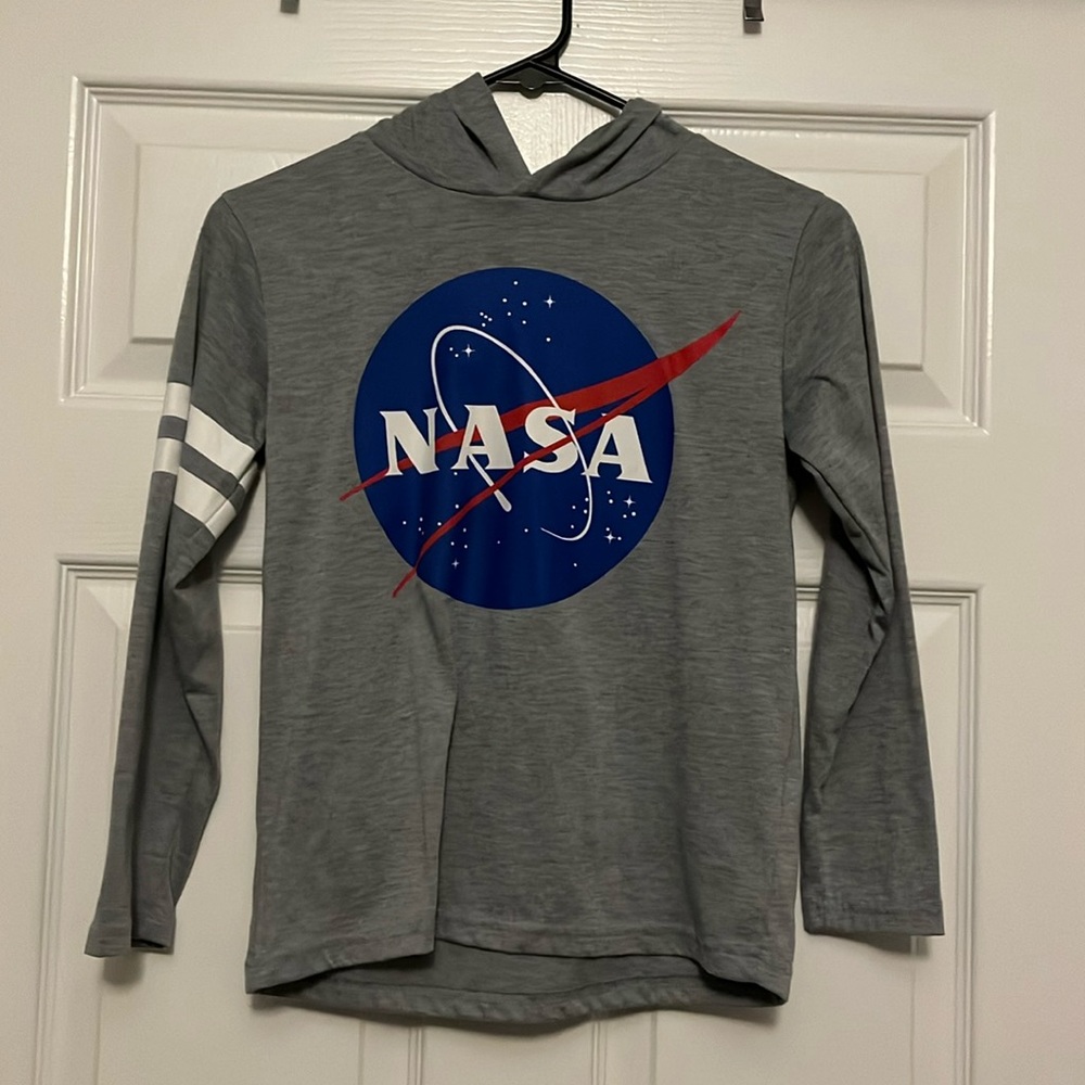 Grey, NASA long sleeve, hooded tee. Medium.